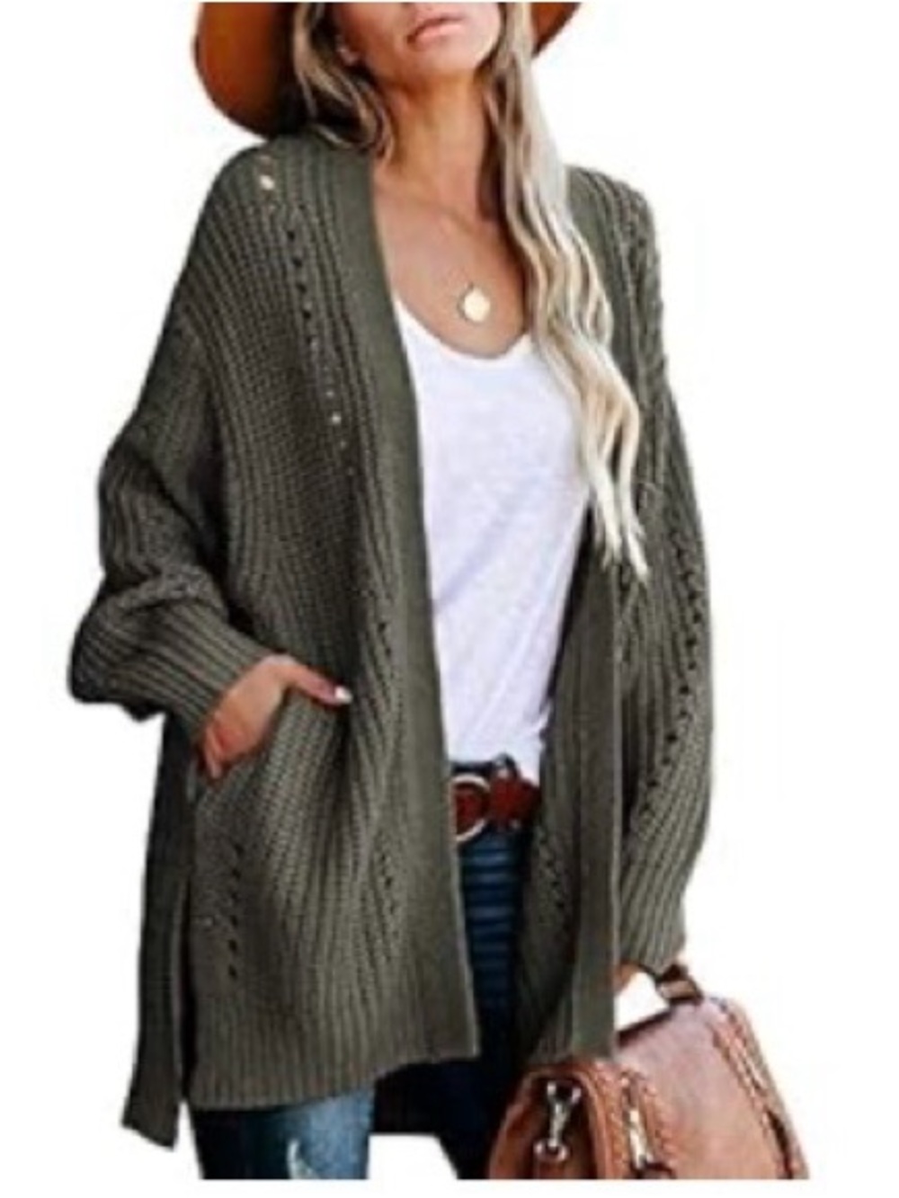 Open-Front Gray Knit Cardigan with Pockets